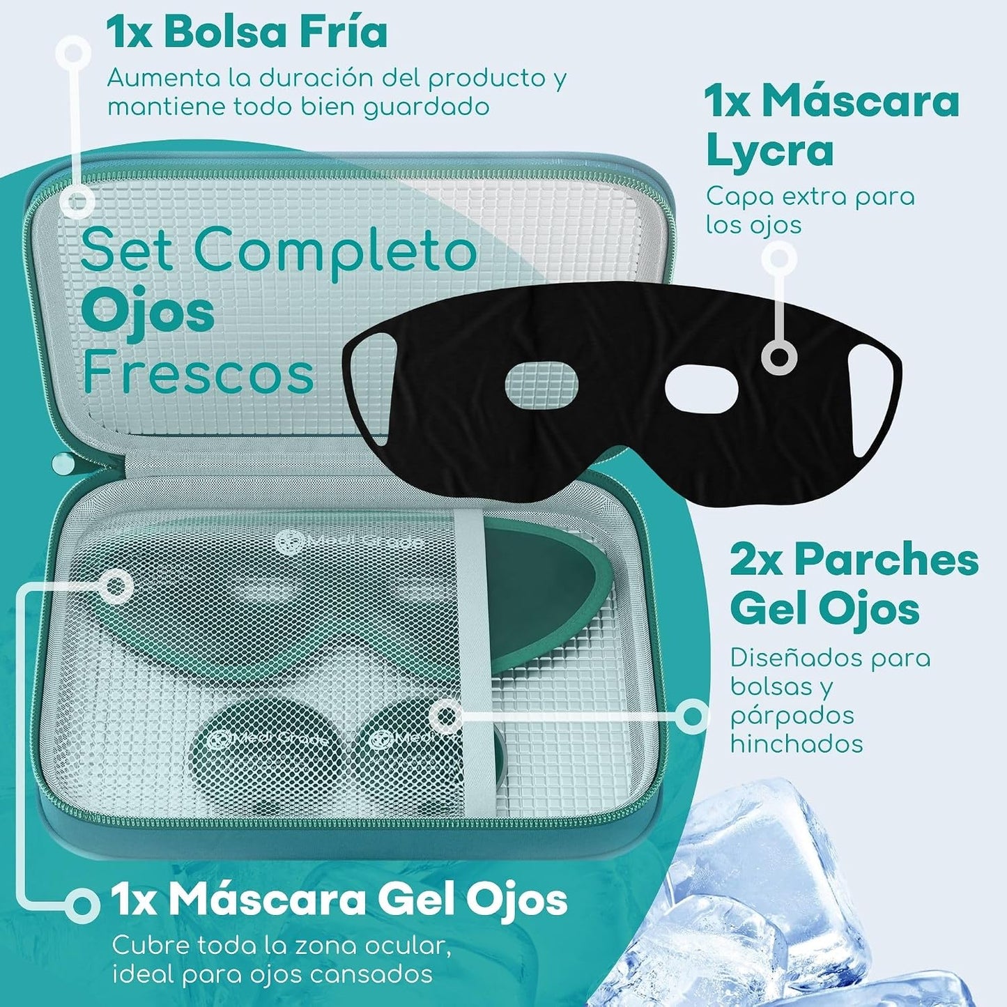 Medi Grade Antifaz De Gel Frío – Máscara De Gel Para Ojos Reutilizable, 2 Parches De Ojos Para Bolsas Y Ojeras, 1 Tejido De Licra, 1 Neceser – Relájate En Casa Con Nuestro Antifaz Relajante
