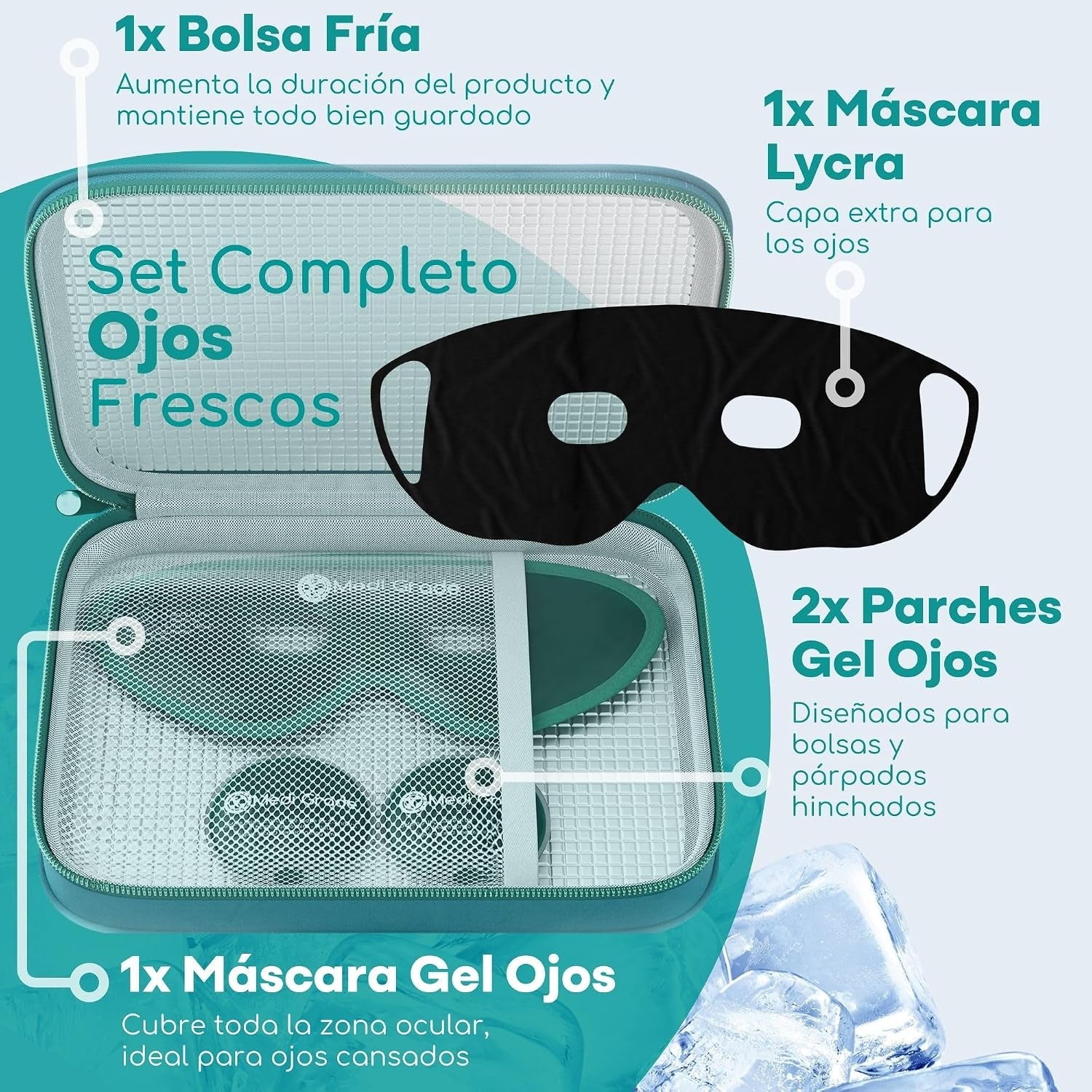 Medi Grade Antifaz De Gel Frío – Máscara De Gel Para Ojos Reutilizable, 2 Parches De Ojos Para Bolsas Y Ojeras, 1 Tejido De Licra, 1 Neceser – Relájate En Casa Con Nuestro Antifaz Relajante