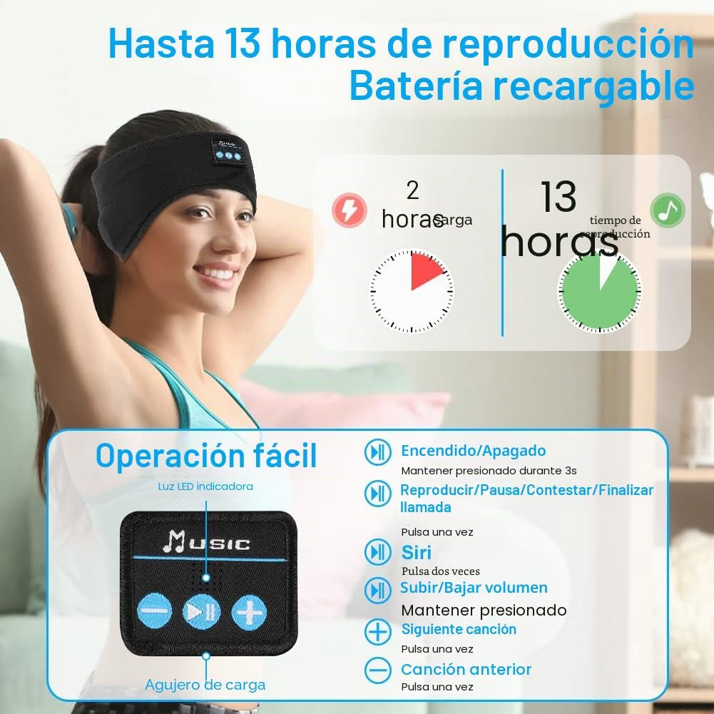 Flintronic Auriculares Para Dormir, Diadema Deportiva Para Dormir, Antifaz Para Dormir Auriculares Bluetooth, Para Deportes, Musica, Correr, Viajar(Negro)