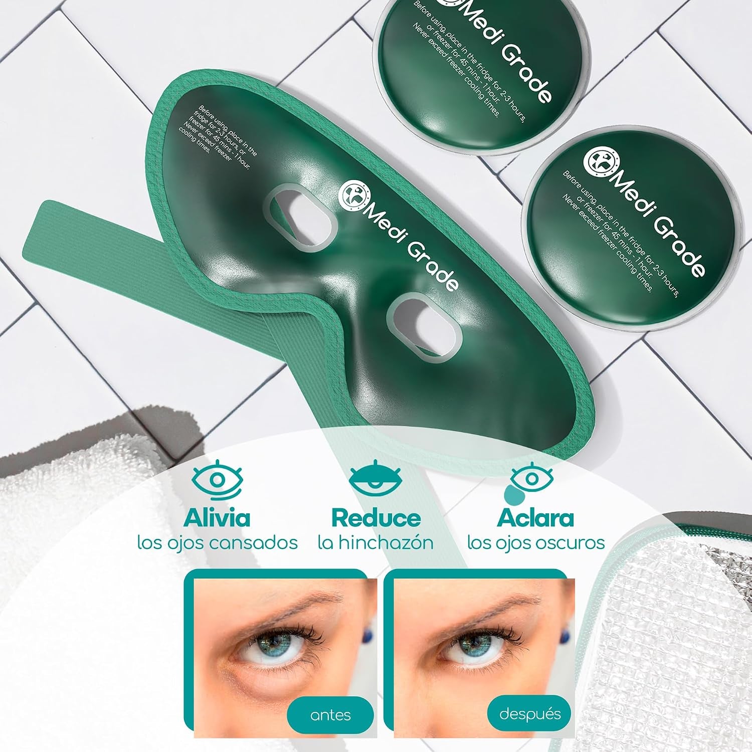 Medi Grade Antifaz De Gel Frío – Máscara De Gel Para Ojos Reutilizable, 2 Parches De Ojos Para Bolsas Y Ojeras, 1 Tejido De Licra, 1 Neceser – Relájate En Casa Con Nuestro Antifaz Relajante