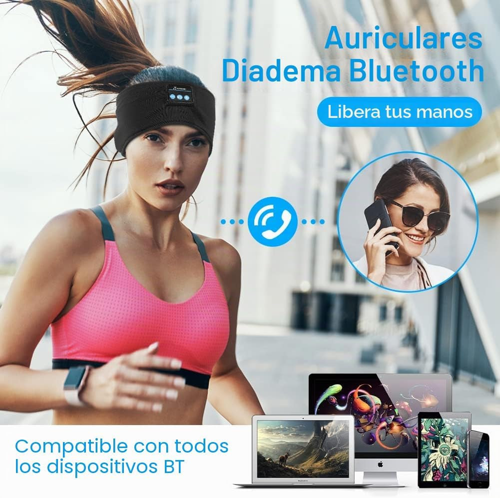 Flintronic Auriculares Para Dormir, Diadema Deportiva Para Dormir, Antifaz Para Dormir Auriculares Bluetooth, Para Deportes, Musica, Correr, Viajar(Negro)
