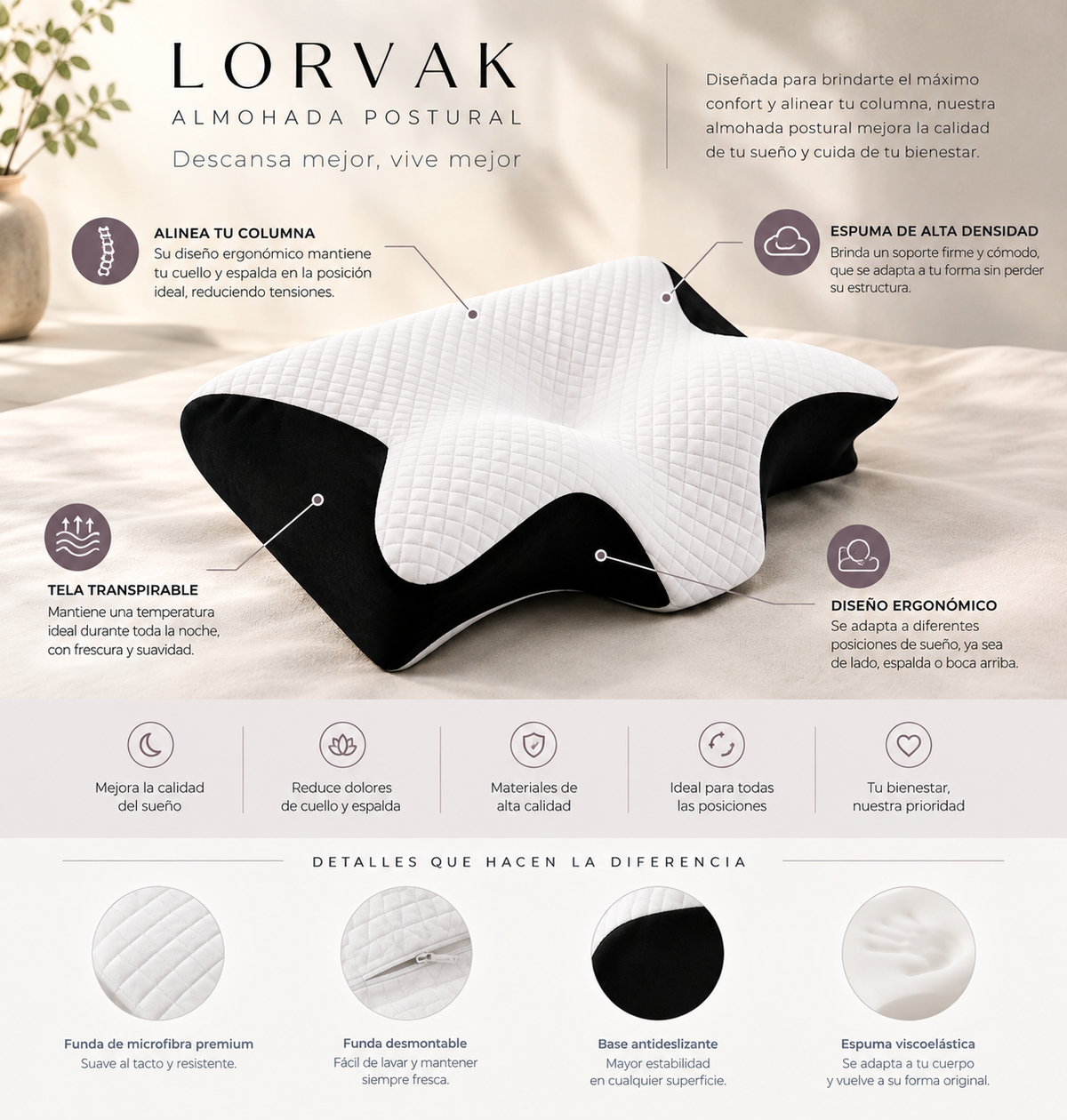 Almohada Cervical de Espuma Viscoelástica – Soporte Ergonómico para Cuello y Columna