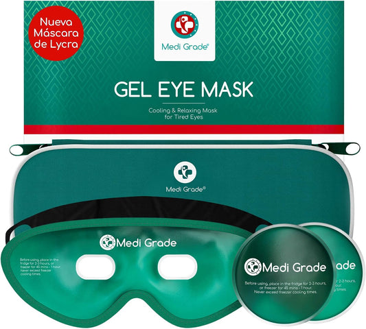 Medi Grade Antifaz De Gel Frío – Máscara De Gel Para Ojos Reutilizable, 2 Parches De Ojos Para Bolsas Y Ojeras, 1 Tejido De Licra, 1 Neceser – Relájate En Casa Con Nuestro Antifaz Relajante