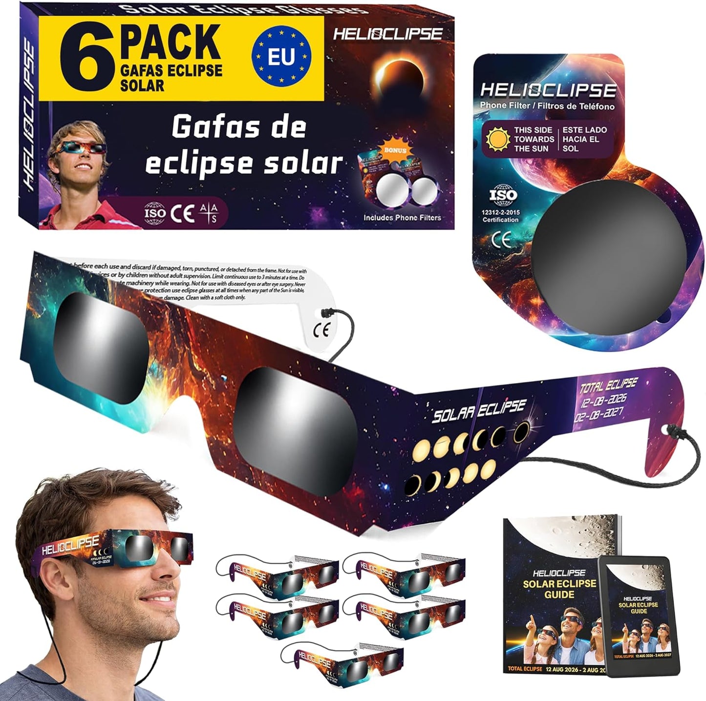 Helioclipse 6/12/25/50/100 Gafas Eclipse Solar Homologadas ISO 12312-2 2026 - Gafas Para Ver Eclipse Solar - Gafas De Eclipse Solar Homologadas